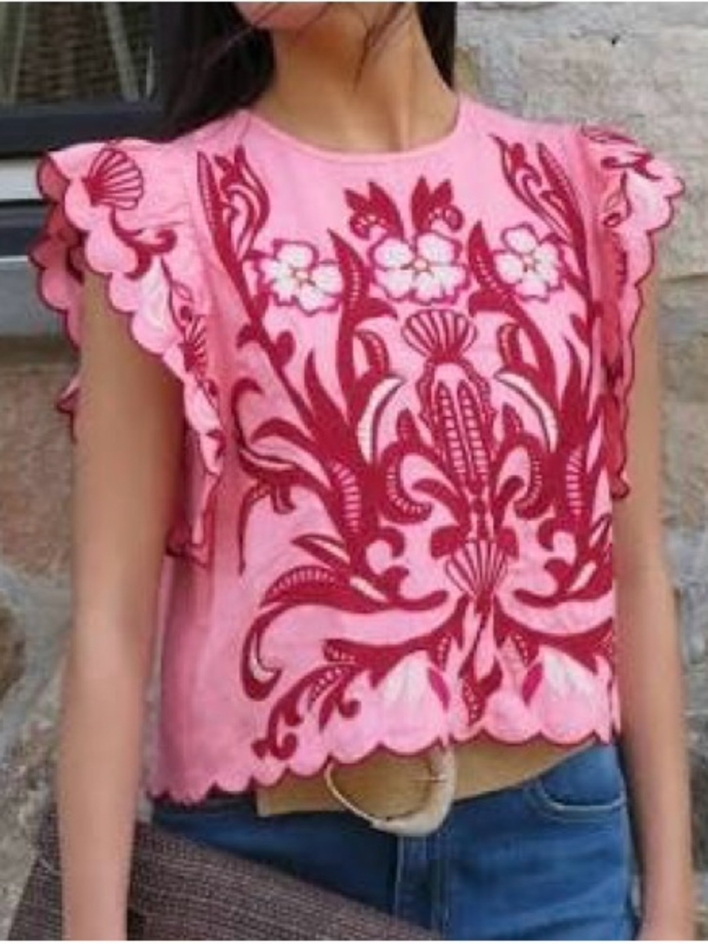 NWT, THML Coral Pink with Burgundy Embroidered Top with Scalloped Sleeves, L - Picture 2 of 3